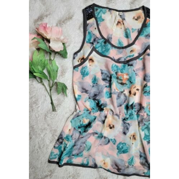 Bellatrix Watercolor Floral Print Beaded Shoulder Sleeveless Peplum Blouse Sz S - Picture 4 of 10